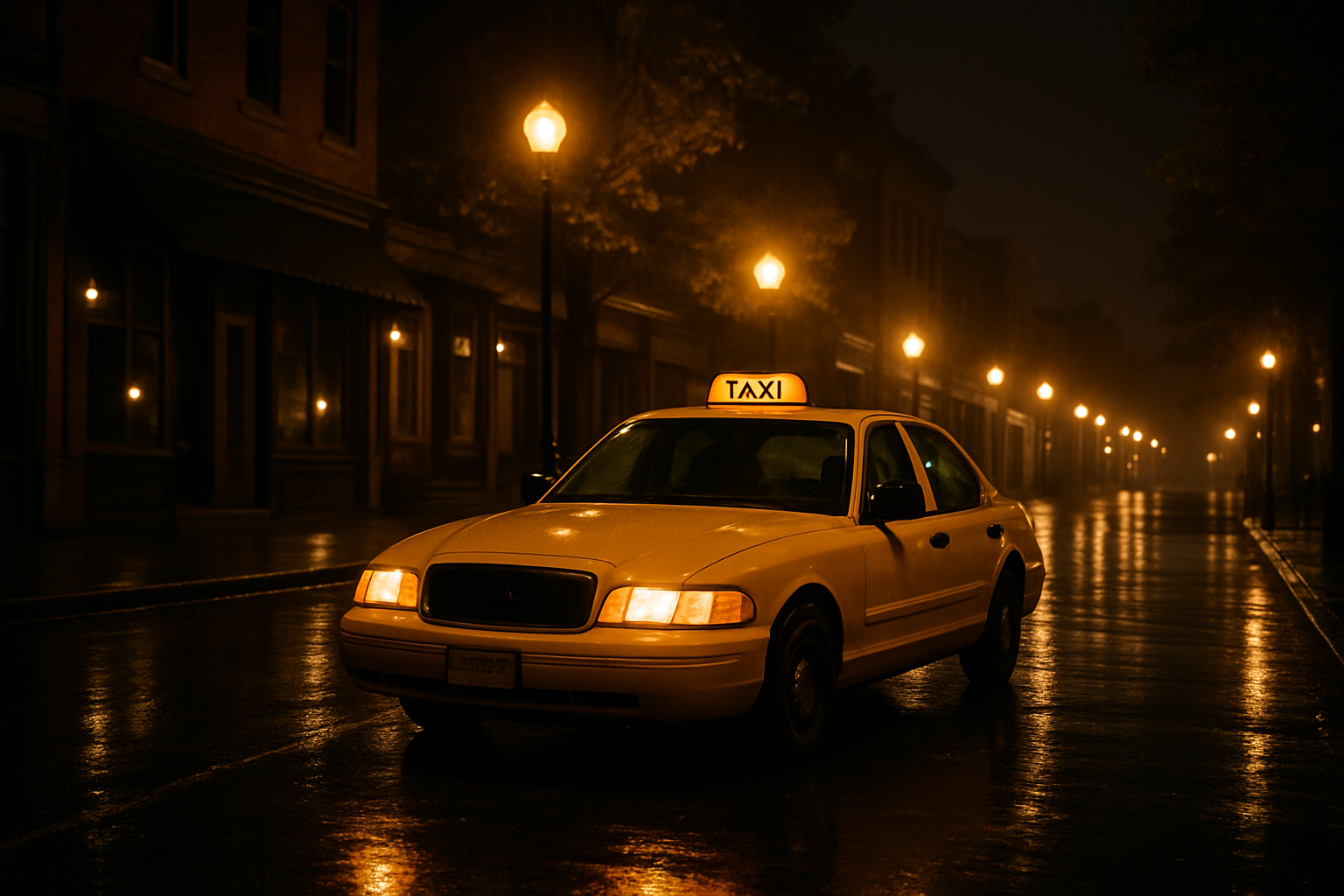 Yellow taxi waiting under warm streetlights at night