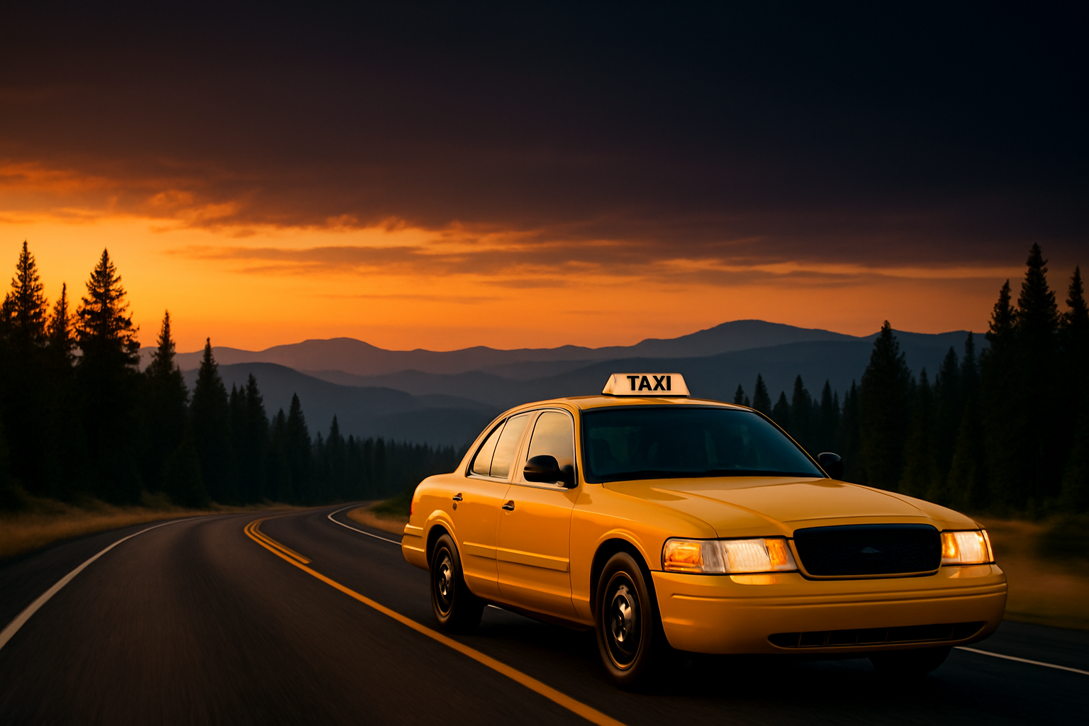 Yellow City Taxi JC cab on an open Oregon highway at dusk