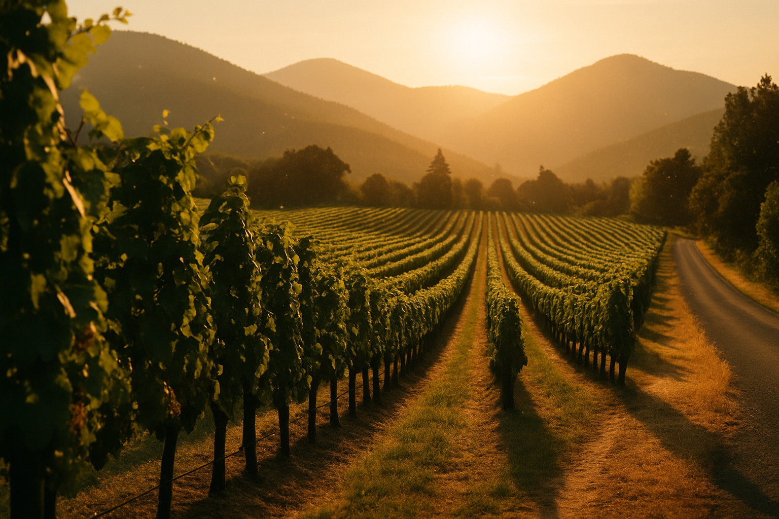 Rows of grapevines in Southern Oregon wine country in warm afternoon light
